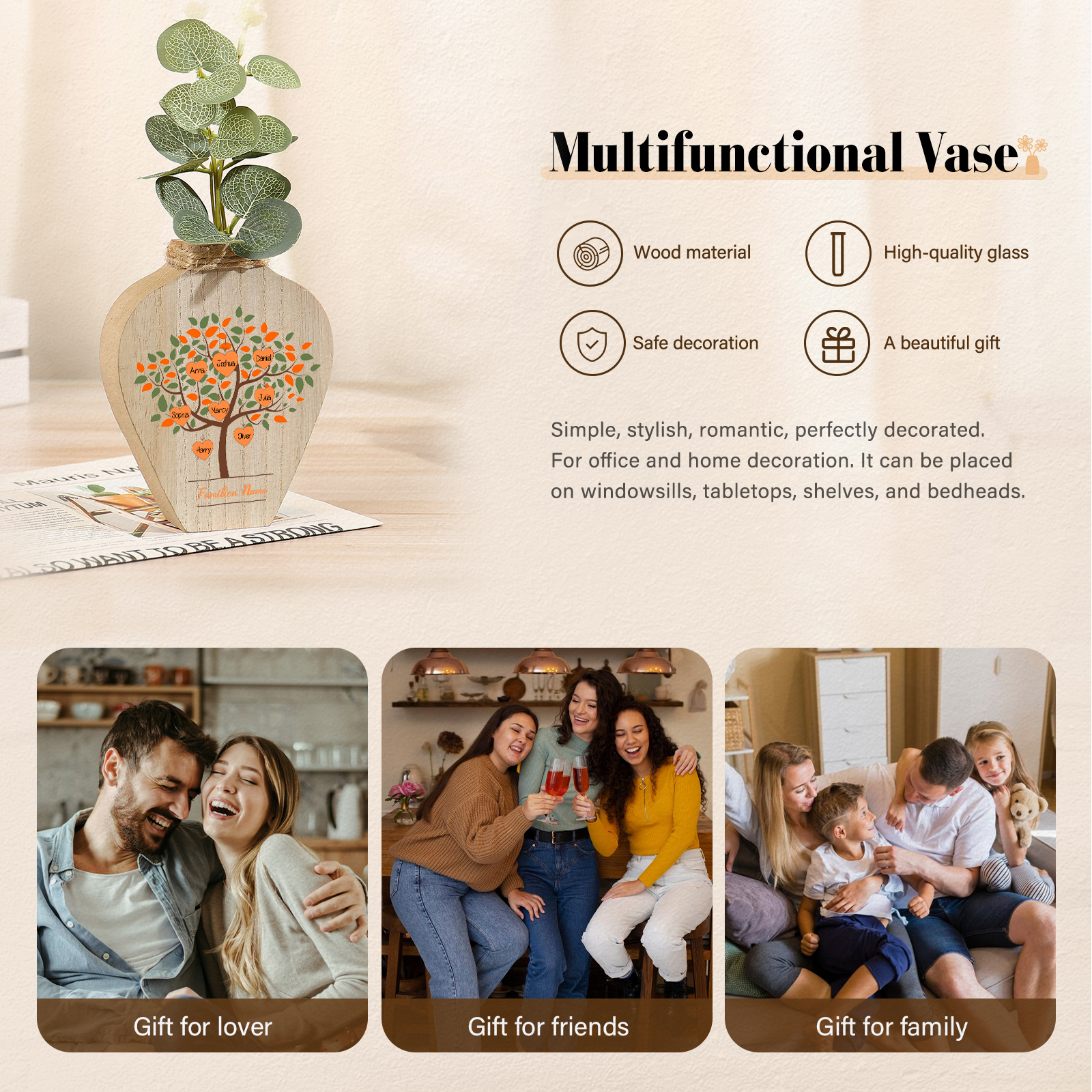 Petit Vase Créatif en Bois Arbre 8 Prénoms Personnalisés avec Texte Décoration de la Maison (sans plantes)