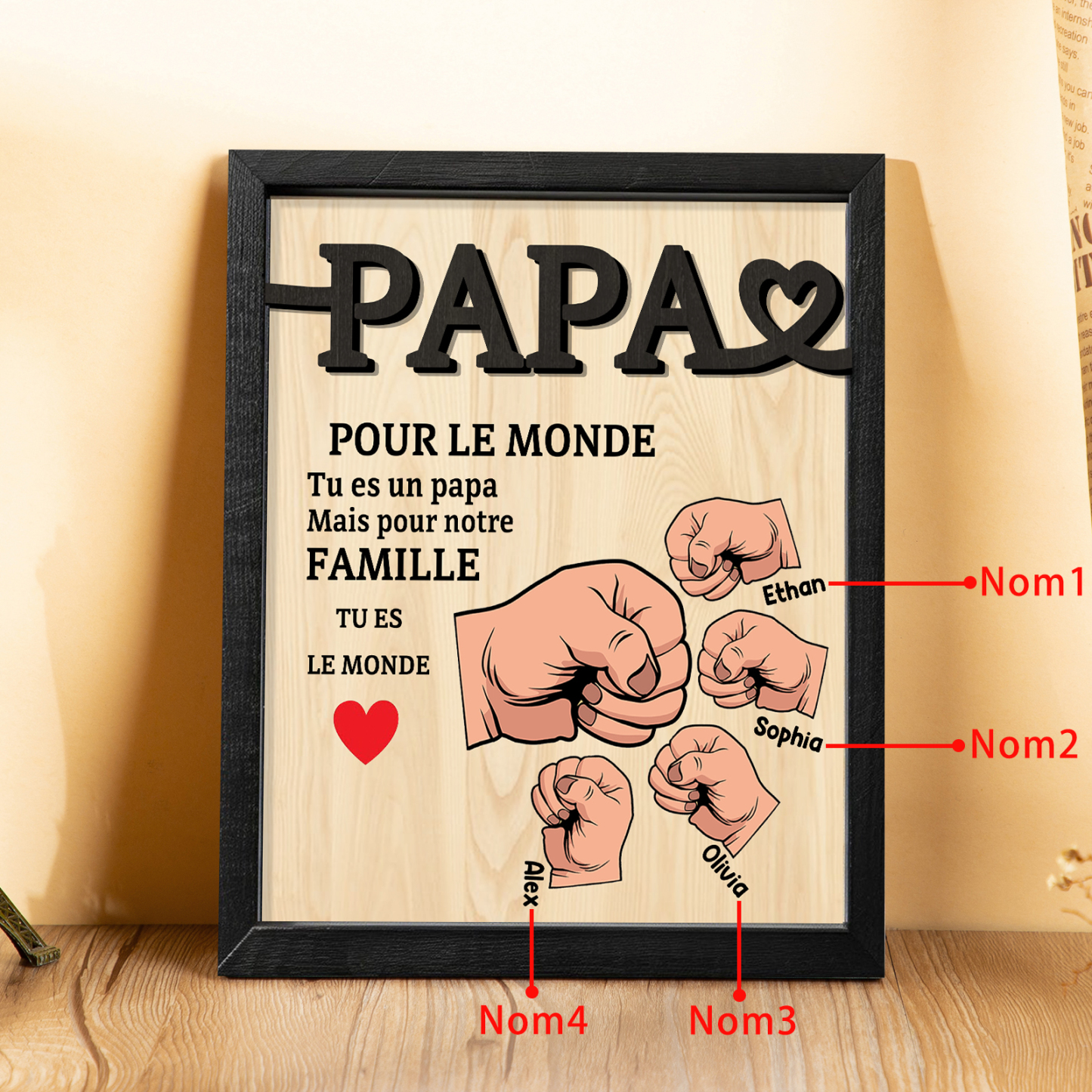 À Mon Papa-Cadre en Bois Poings 4 Prénoms Personnalisés