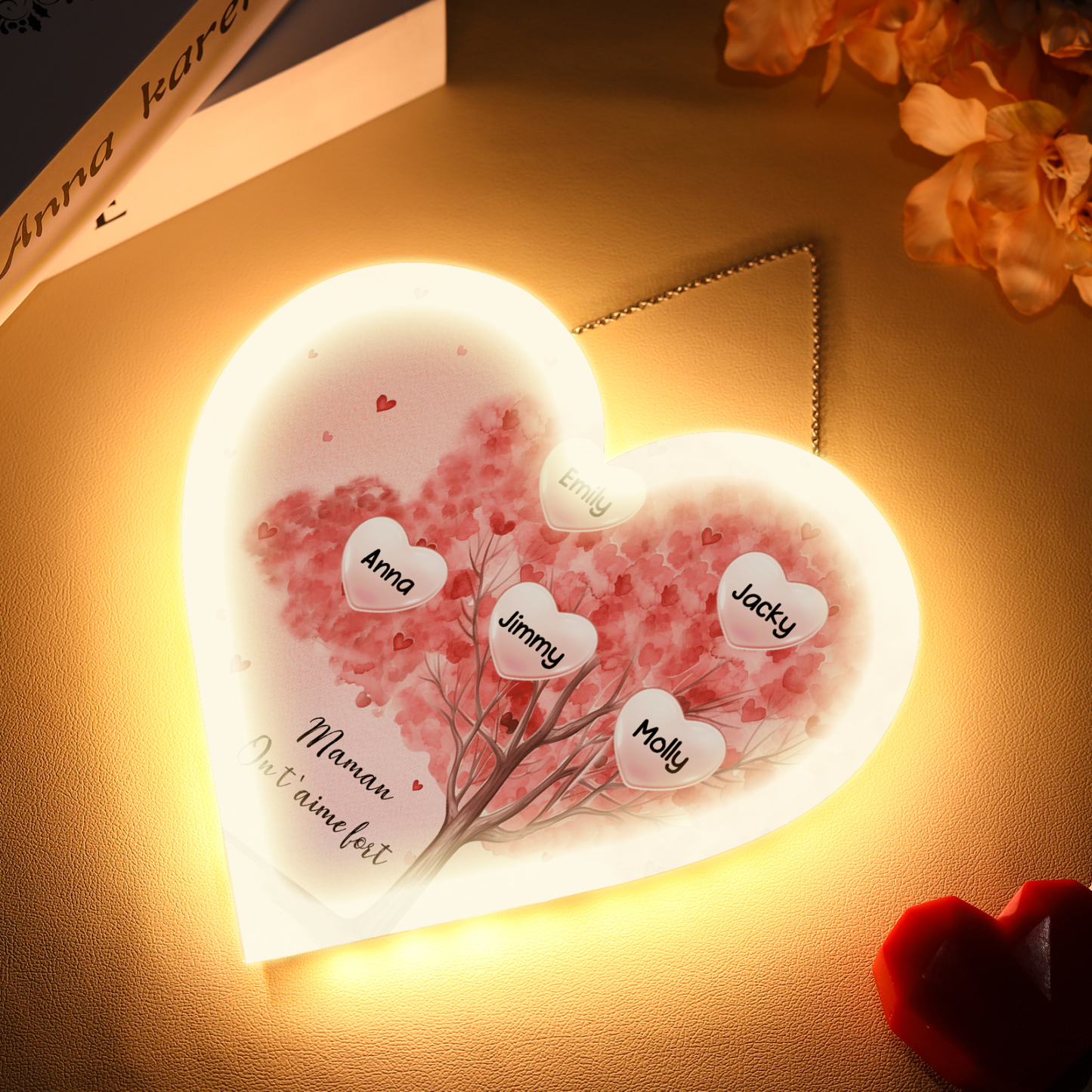 À Maman/Mamie - Veilleuse Cœur Arbre Décoration 5 Prénoms Personnalisés avec 1 Texte