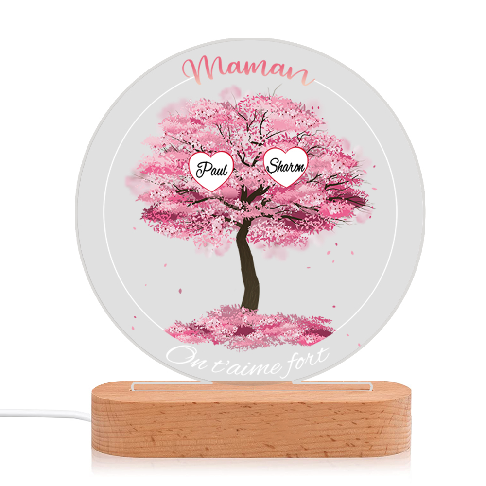 À Maman/Mamie - Lampe de chevet LED Lumières Arbre 2 Prénoms et 2 Textes Personnalisés pour Famille