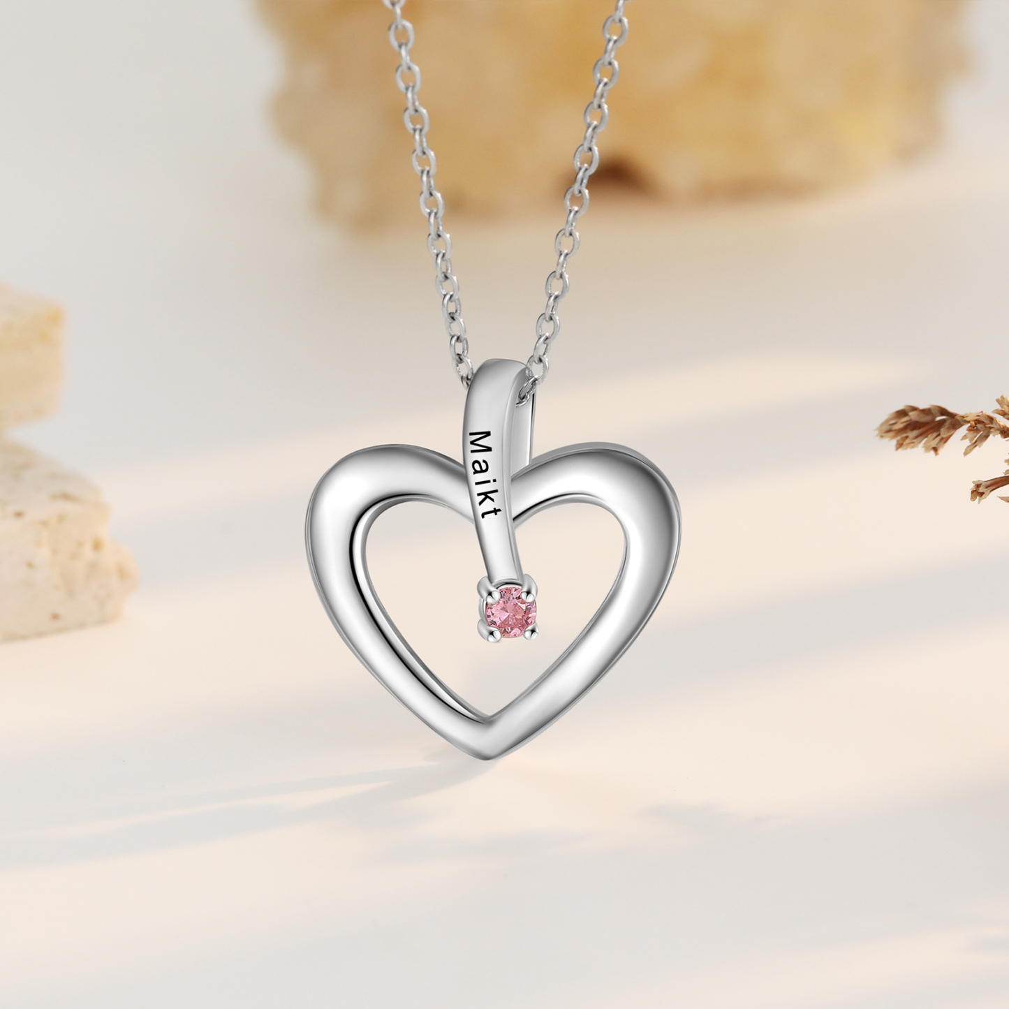 Collier Coeur 1 Prénom Personnalisé avec 1 Pierre de Naissance