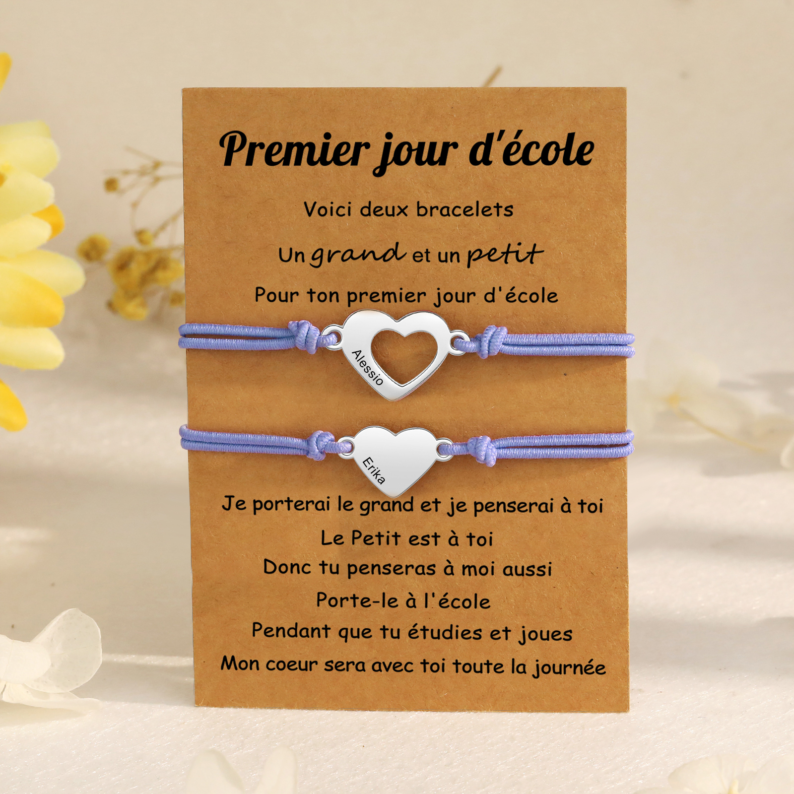 2PCS Bracelet en Commun Cœur 2 Prénoms Personnalisés Corde élastiques - Cadeau Rentrée Scolaire Premier jour d’école｜Jessemade