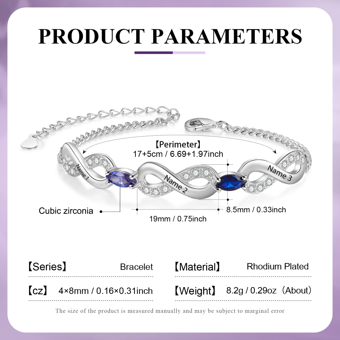 Bracelet Infini 3 Prénoms Personnalisés avec 2 Pierres de Naissance pour Femme