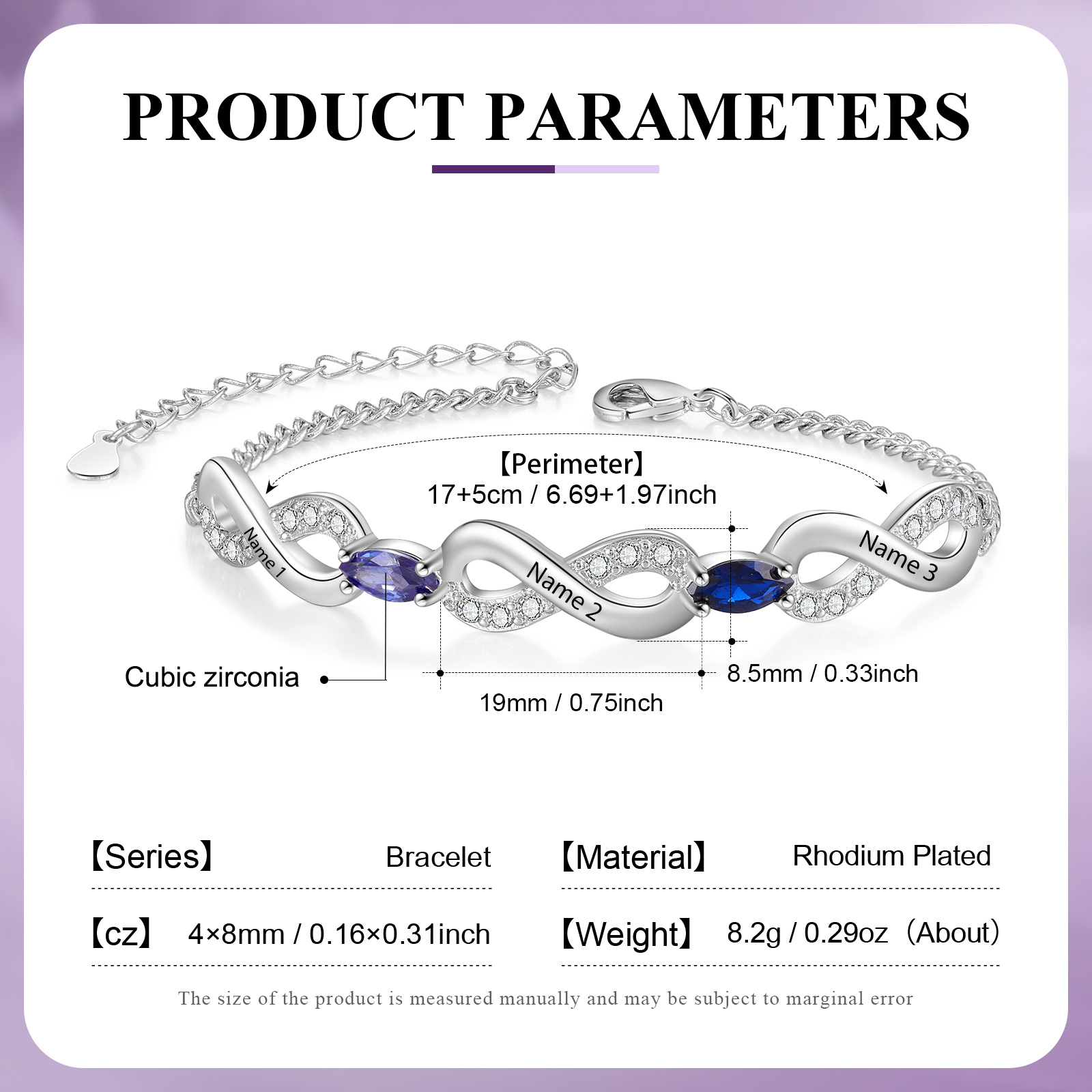 Bracelet Infini 3 Prénoms Personnalisés avec 2 Pierres de Naissance pour Femme