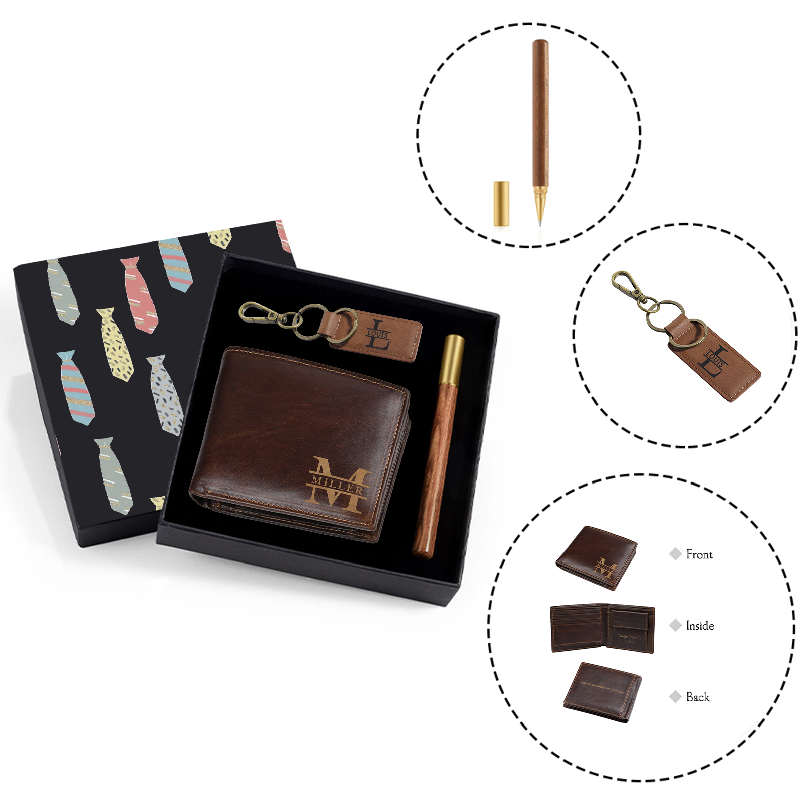 Coffret Cadeau 3PCS - Portefeuille classique Porte-Clés et Stylo 2 Textes Personnalisés avec 2 Prénoms et Lettres Coffret Cadeau pour Homme