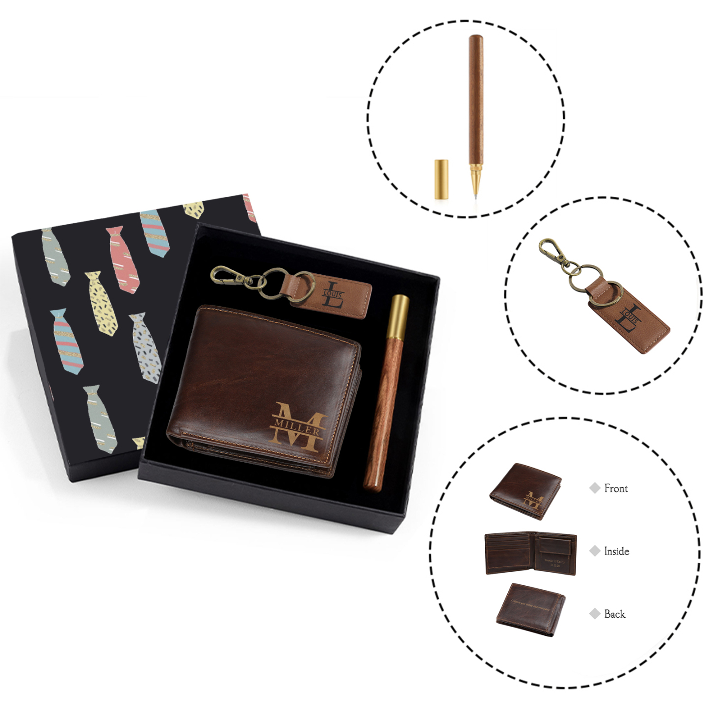 Coffret Cadeau 3PCS - Portefeuille classique Porte-Clés et Stylo 2 Textes Personnalisés avec 2 Prénoms et Lettres Coffret Cadeau pour Homme