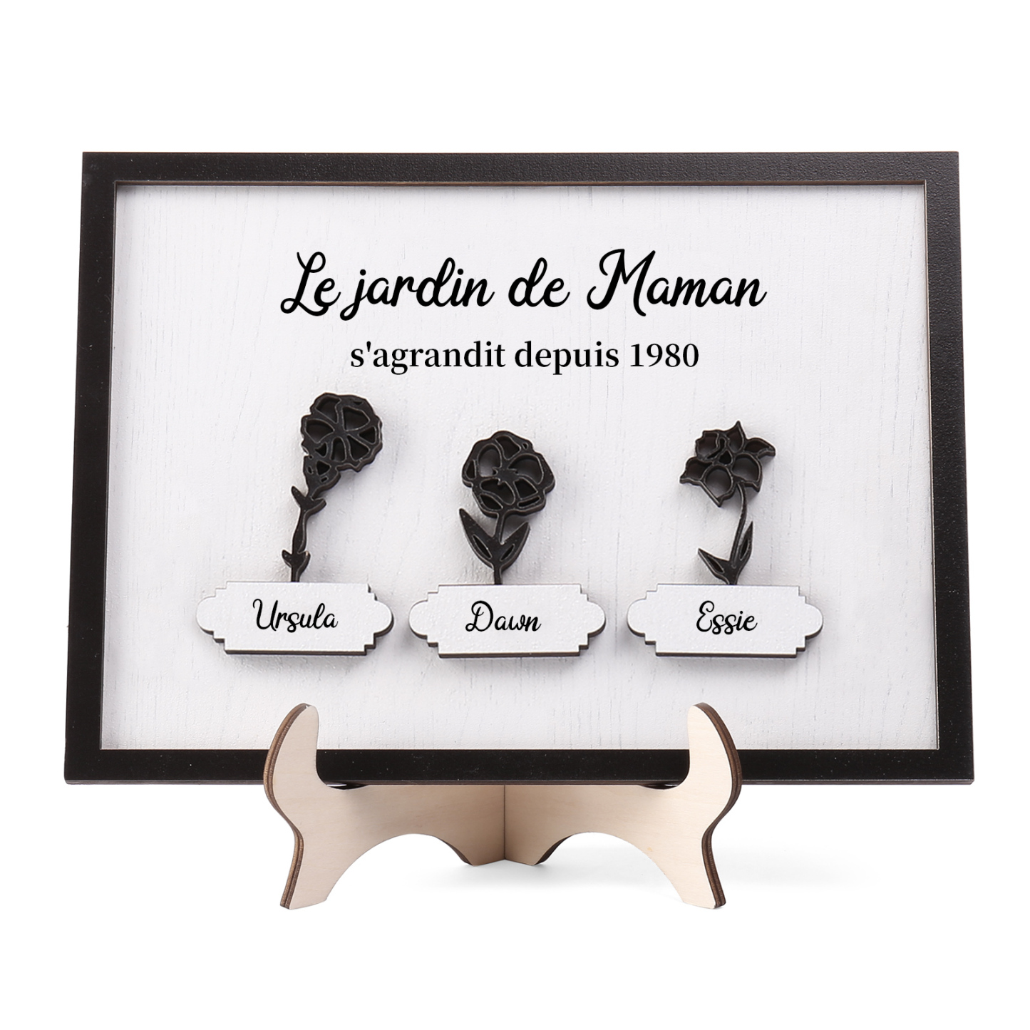 À ma Maman - Décoration en bois Fleurs 3 Prénoms Personnalisés avec Fleurs de naissance Ornement pour Famille