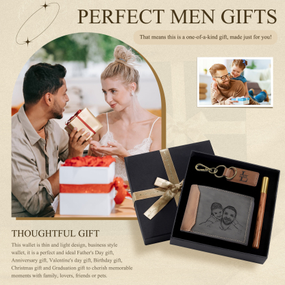 Coffret Cadeau 3PCS - Portefeuille classique Porte-Clés et Stylo 1 Prénom et Lettre Personnalisés avec 1 Photo Date et TexteCoffret Cadeau pour Homme