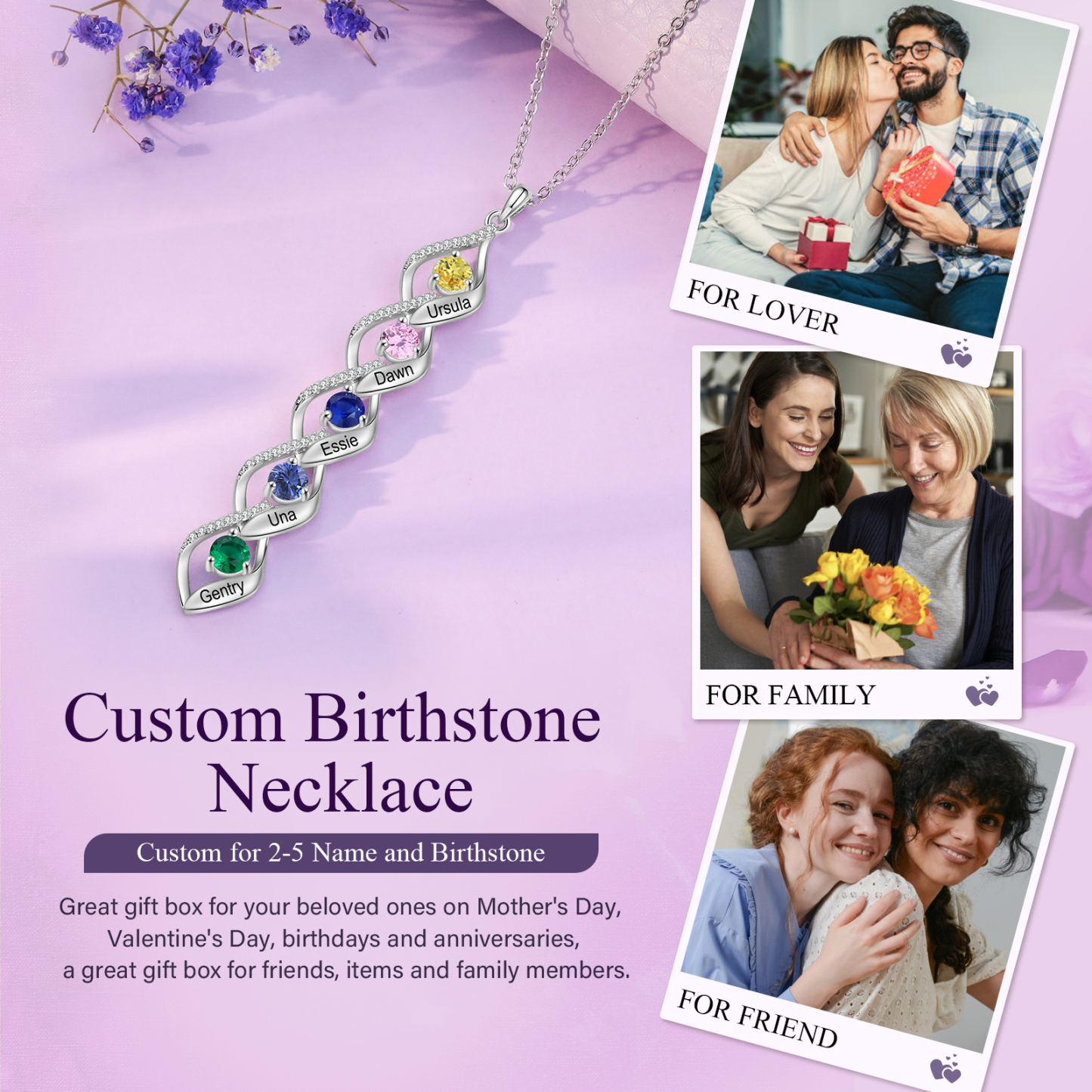 Collier Pendentif infini 5 Prénoms Personnalisés avec Pierre de naissance pour Femmes