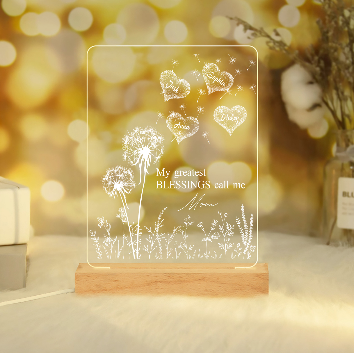 À Maman/Mamie - Lampe de chevet LED Pissenlit 4 Prénoms Personnalisés avec 2 Textes pour Famille