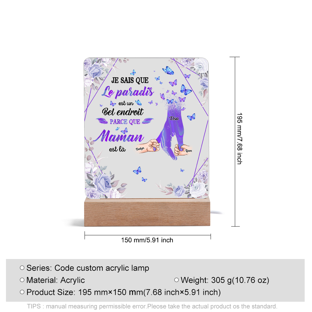 À Maman/Papa - Lampe de chevet LED Commémorative 3 Prénoms Personnalisés avec 1 Texte Lampe de chevet la main dans la main