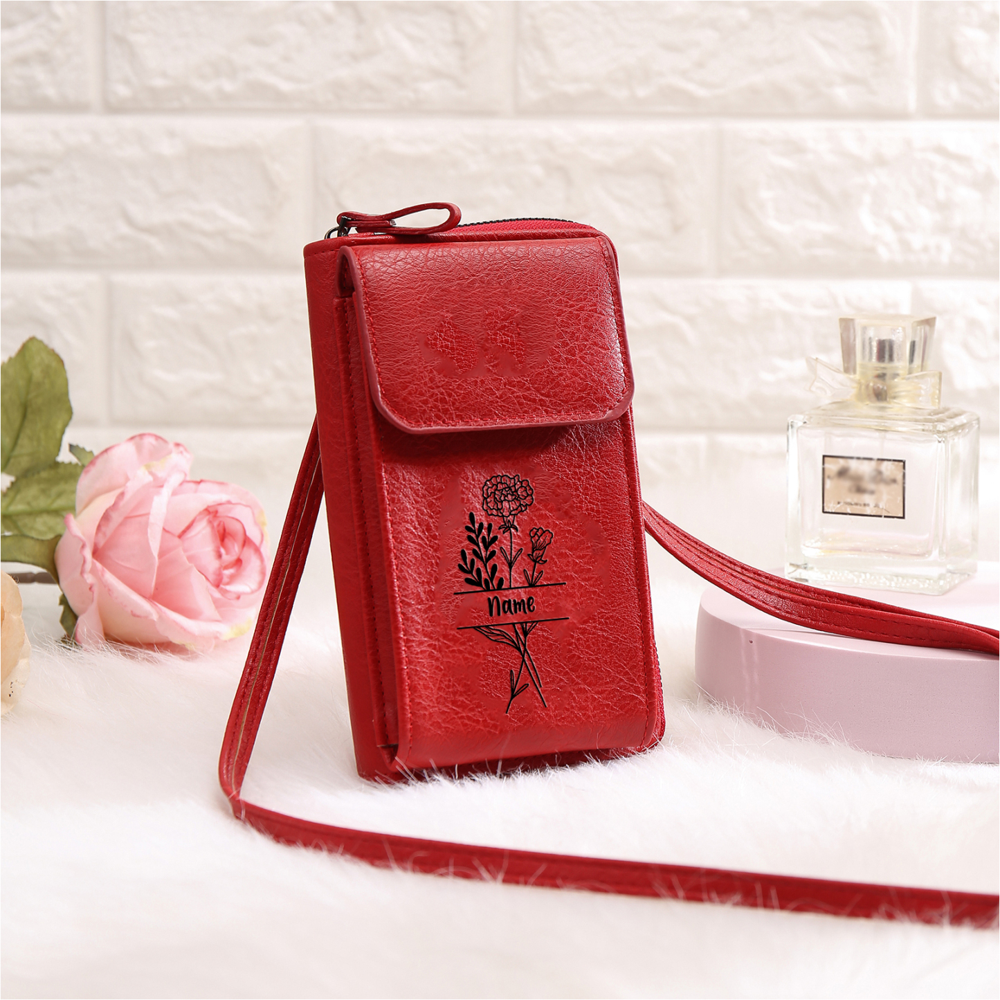 Portefeuille/Sac Bandoulière Femmes 1 Prénom et Fleur de Naissance Personnalisés