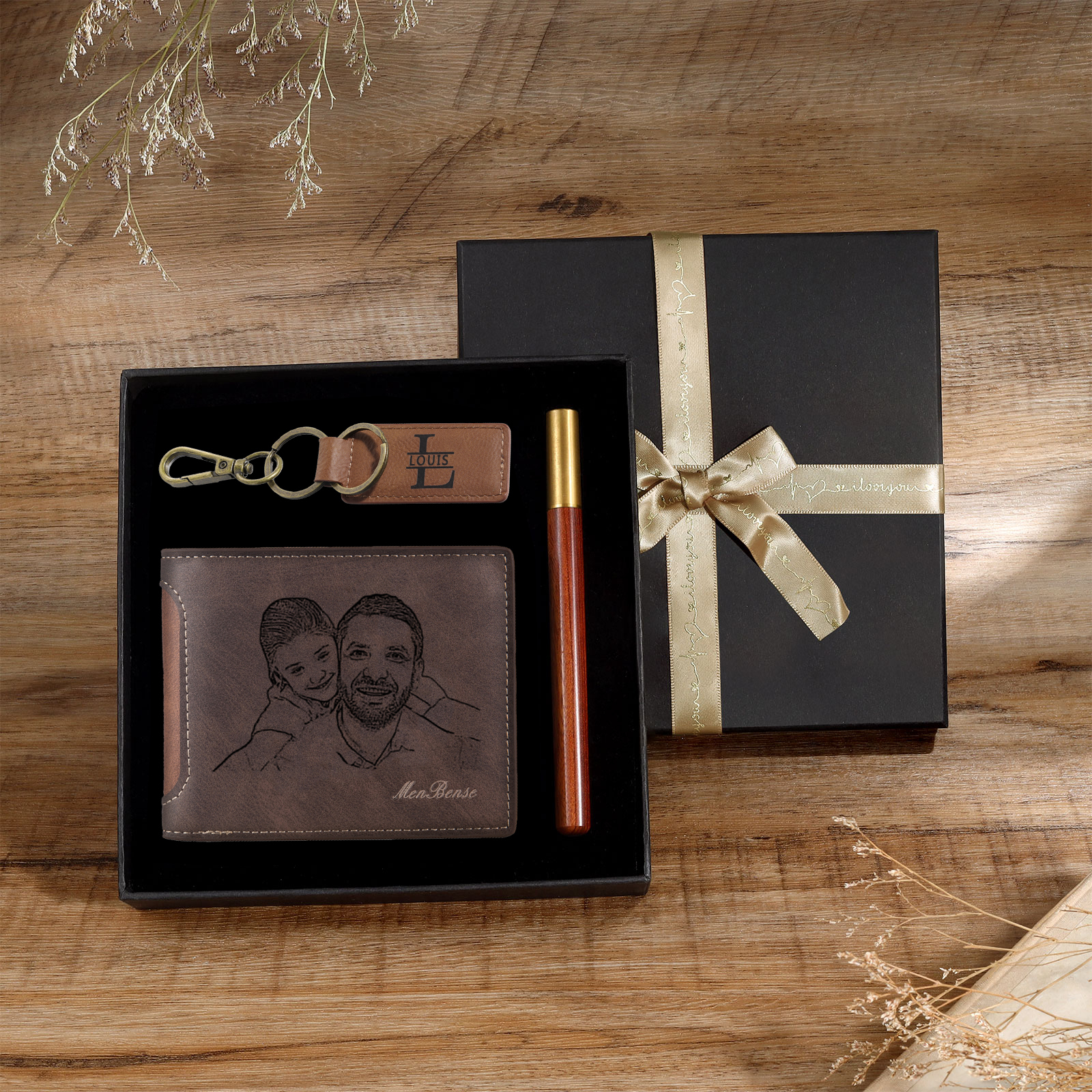 Coffret Cadeau 3PCS - Portefeuille classique Porte-Clés et Stylo 1 Prénom et Lettre Personnalisés avec 1 Photo et Texte Coffret Cadeau pour Homme