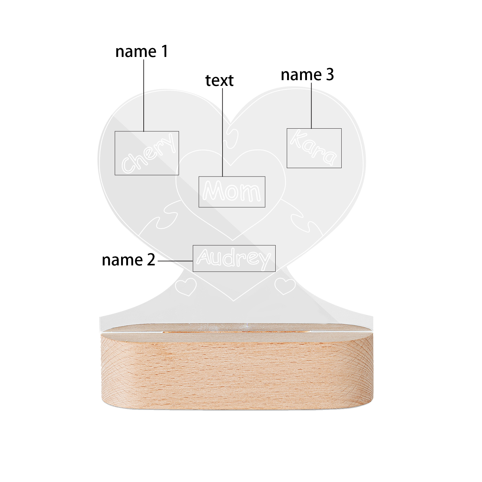 Lampe de chevet Cœur LED Lumières 3 Prénoms et 1 Texte Personnalisés pour Famille