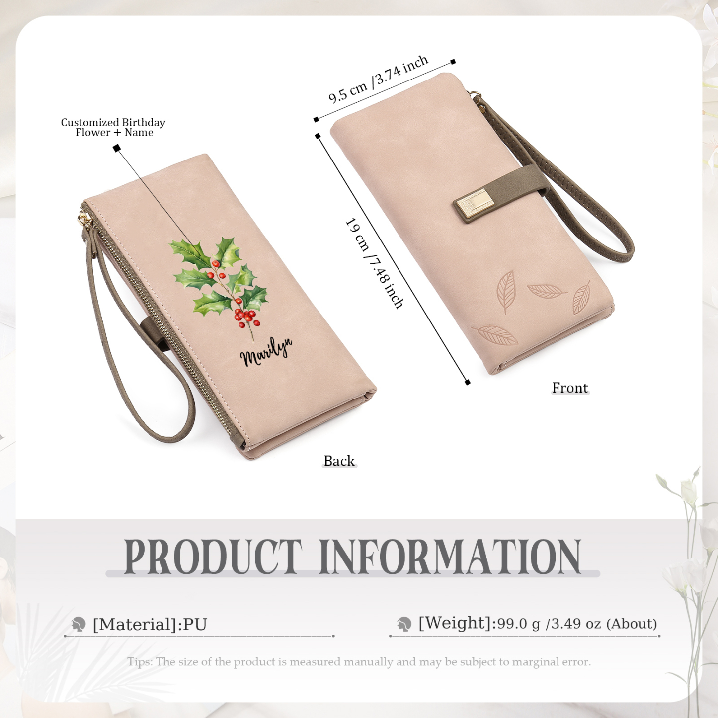 Portefeuille Femmes 1 Prénom Personnalisé avec Fleur de Naissance Porte-Monnaie Carte