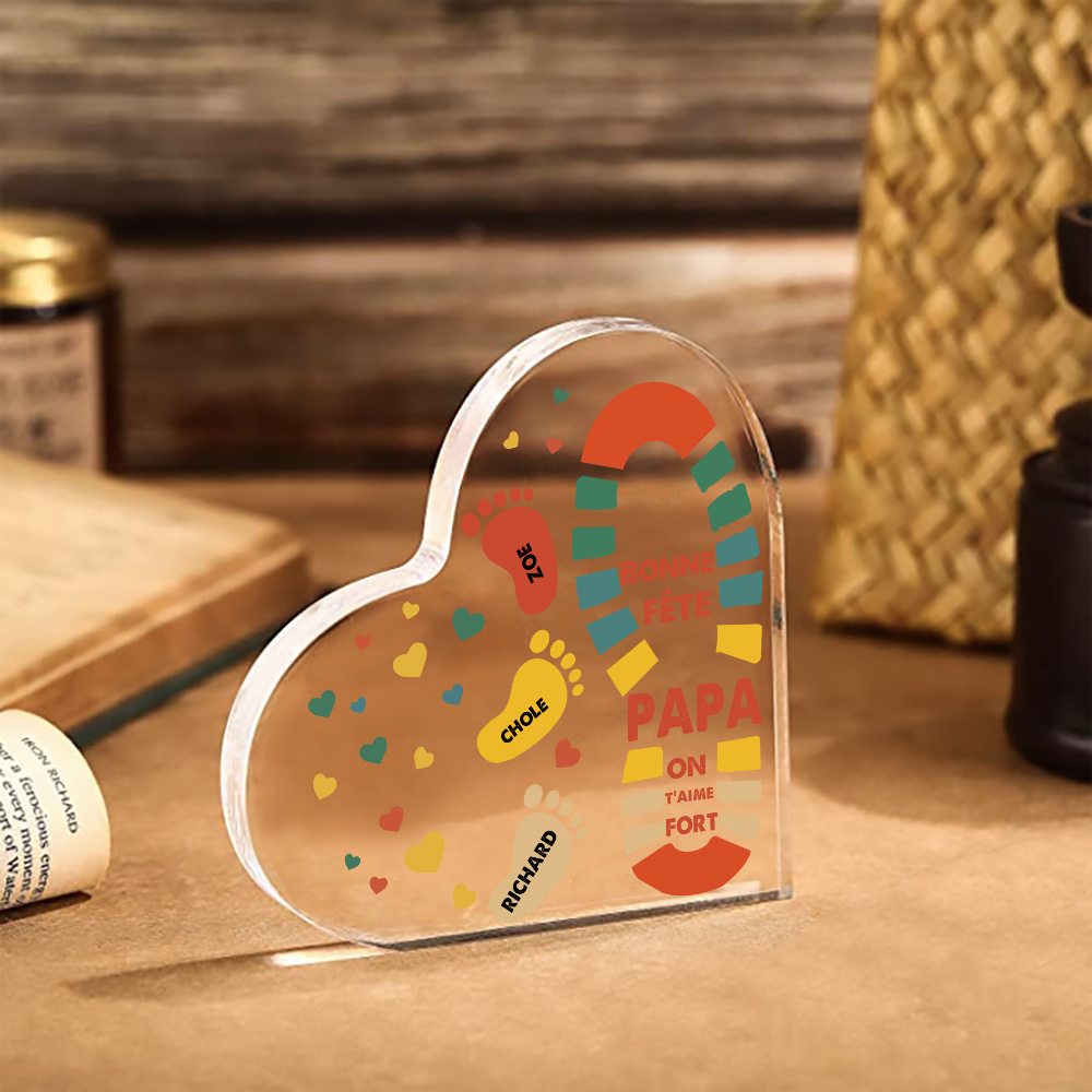 À mon Papa - Plaque Acrylique en Forme de Cœur Empreintes 3 Prénoms Personnalisés