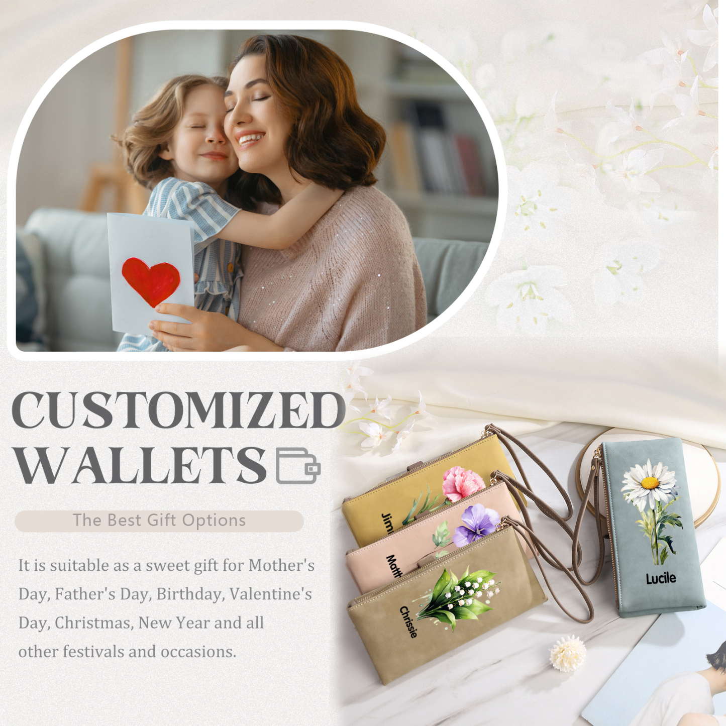 Portefeuille Femmes 1 Prénom Personnalisé avec Fleur de Naissance Porte-Monnaie Carte