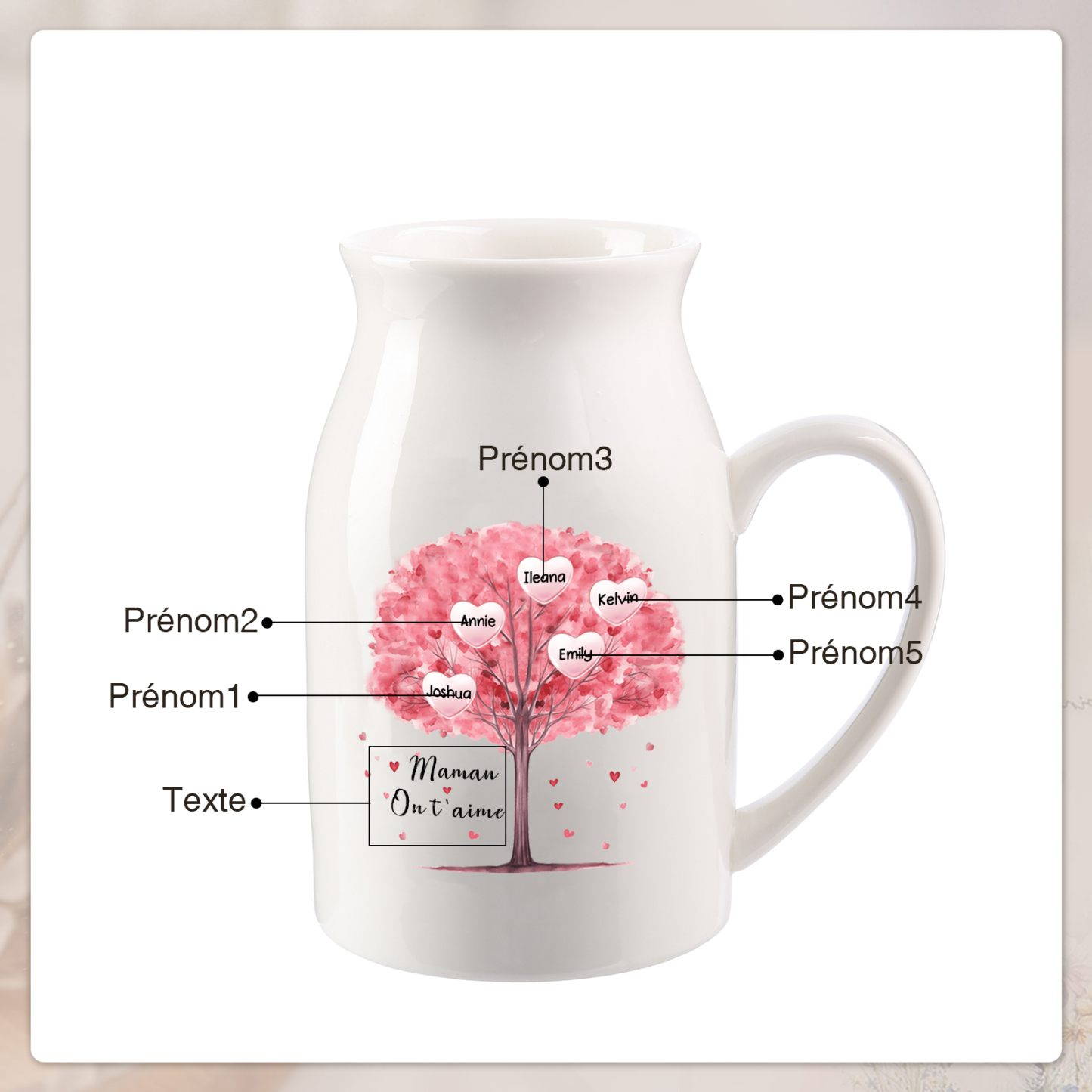 Vase à Fleurs Arbre 5 Prénoms Personnalisés avec Texte Décoration de la Maison