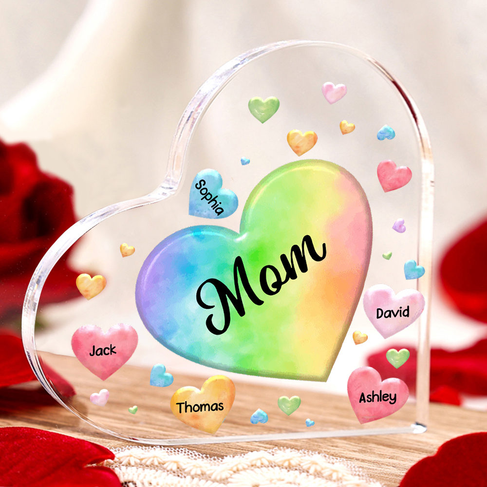 À ma Maman/Mamie - Plaque Acrylique en Forme de Cœur 5 Prénoms Personnalisés avec 1 Texte