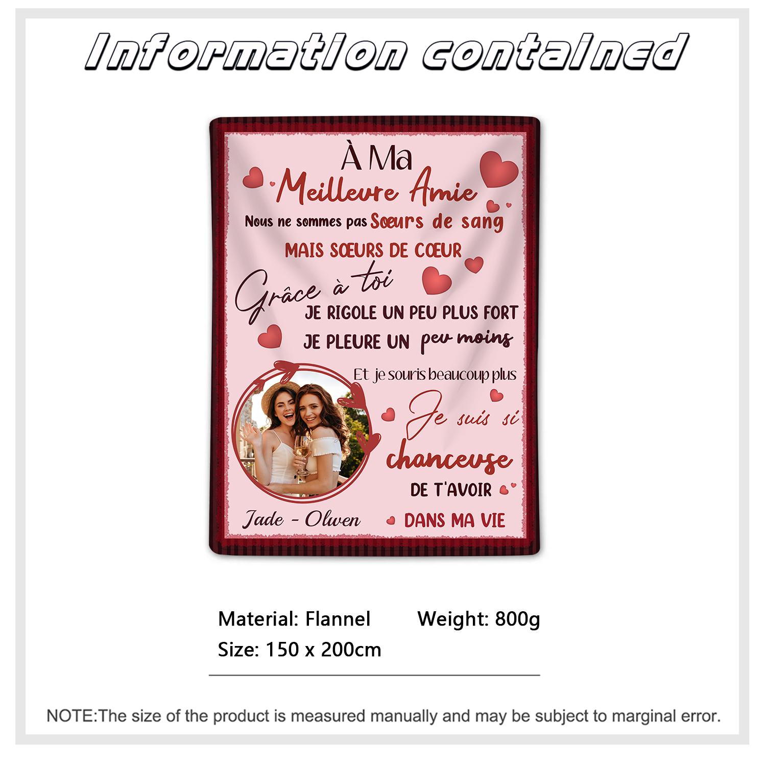 À ma Meilleure Amie - Couverture Plaids Polaire 2 Prénoms Personnalisés avec Photo