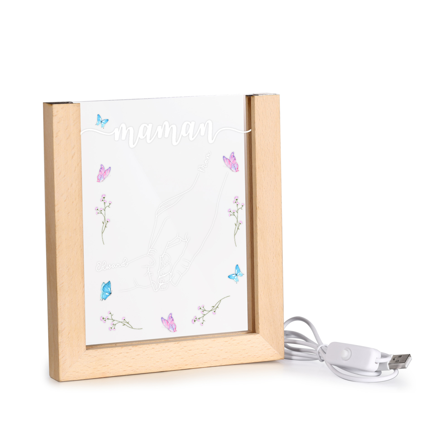 À Maman/Mamie - Lampe de chevet LED la Main dans la Main 2 Prénoms Personnalisés avec 1 Texte