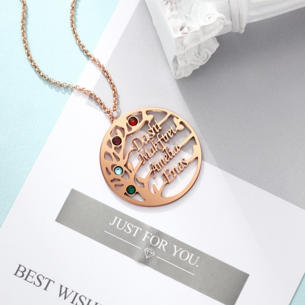 Collier Argent Arbre de vie Arbre généalogique 4 prenoms Avec Pierre De Naissance