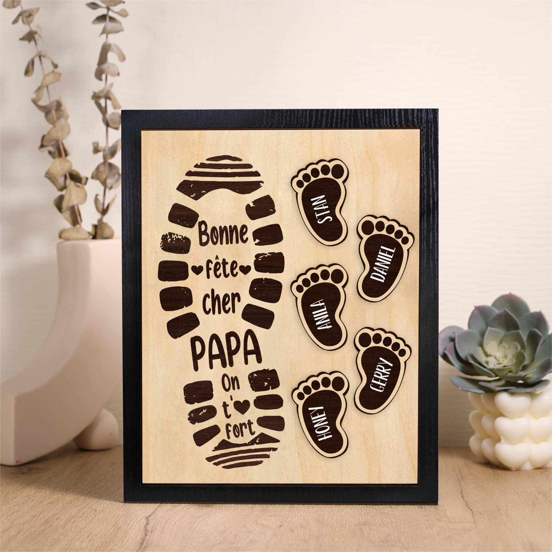 À Mon Papa-Cadre en Bois Pieds Bébé 5 Prénoms Personnalisés