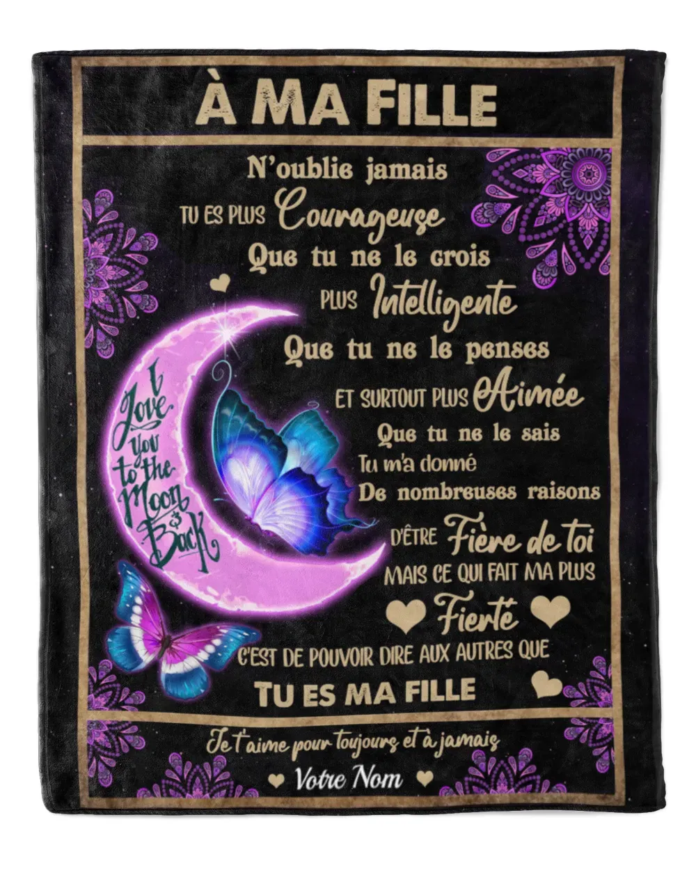 À Ma Fille - Plaid Personnalisé avec 1 Prénom Couverture Lune et Papillon en Flanelle | Jessemade