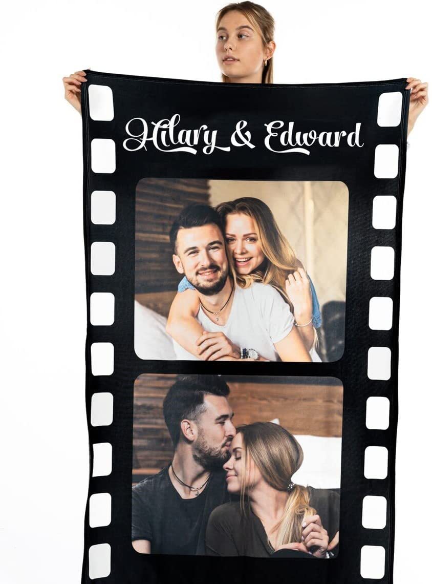 Couverture plaids polaire Rouleau de Film Caméra 2 Prénoms Personnalisé avec 2 photos | Jessemade