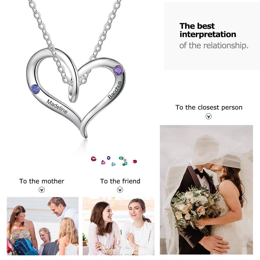 Collier Cœur 2 Prénom Personnalisé Pendentif avec 2 Pierres de Naissance