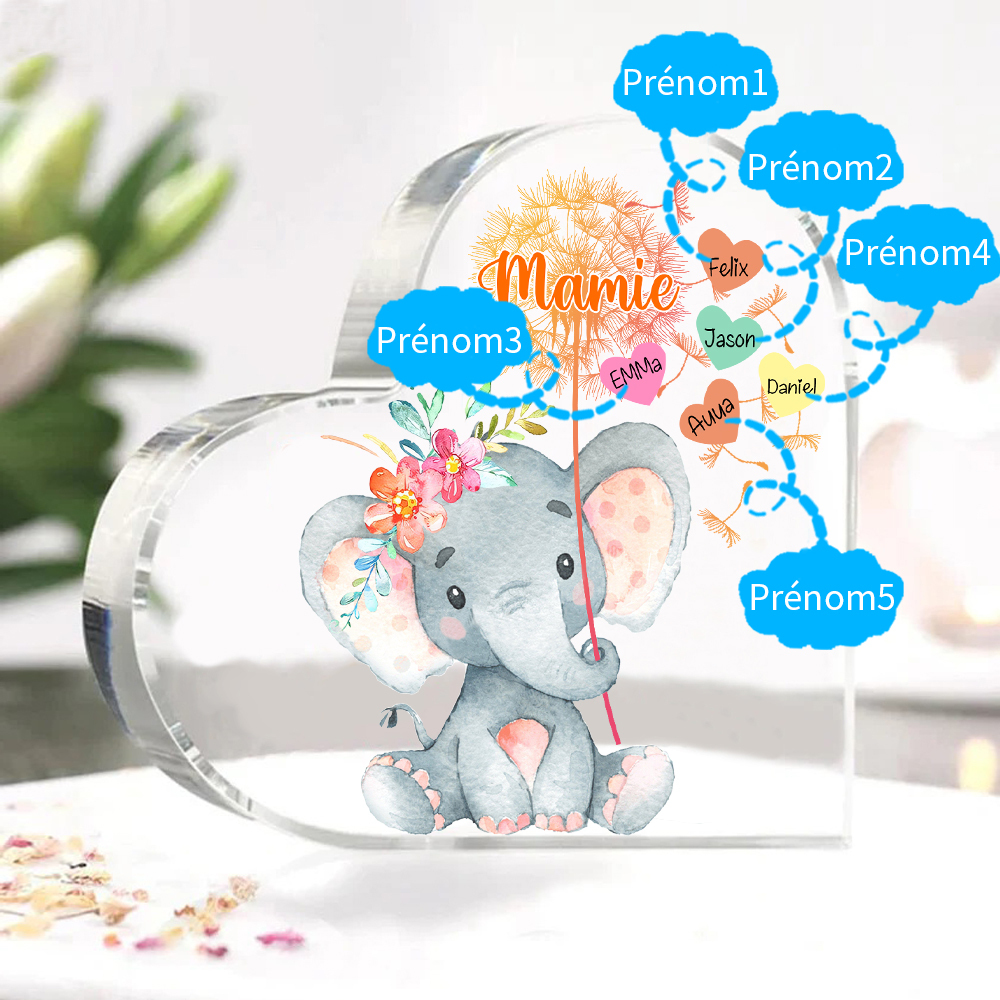 À ma Mamie - Plaque Acrylique Éléphant en Forme de Cœur 5 Prénoms Personnalisés