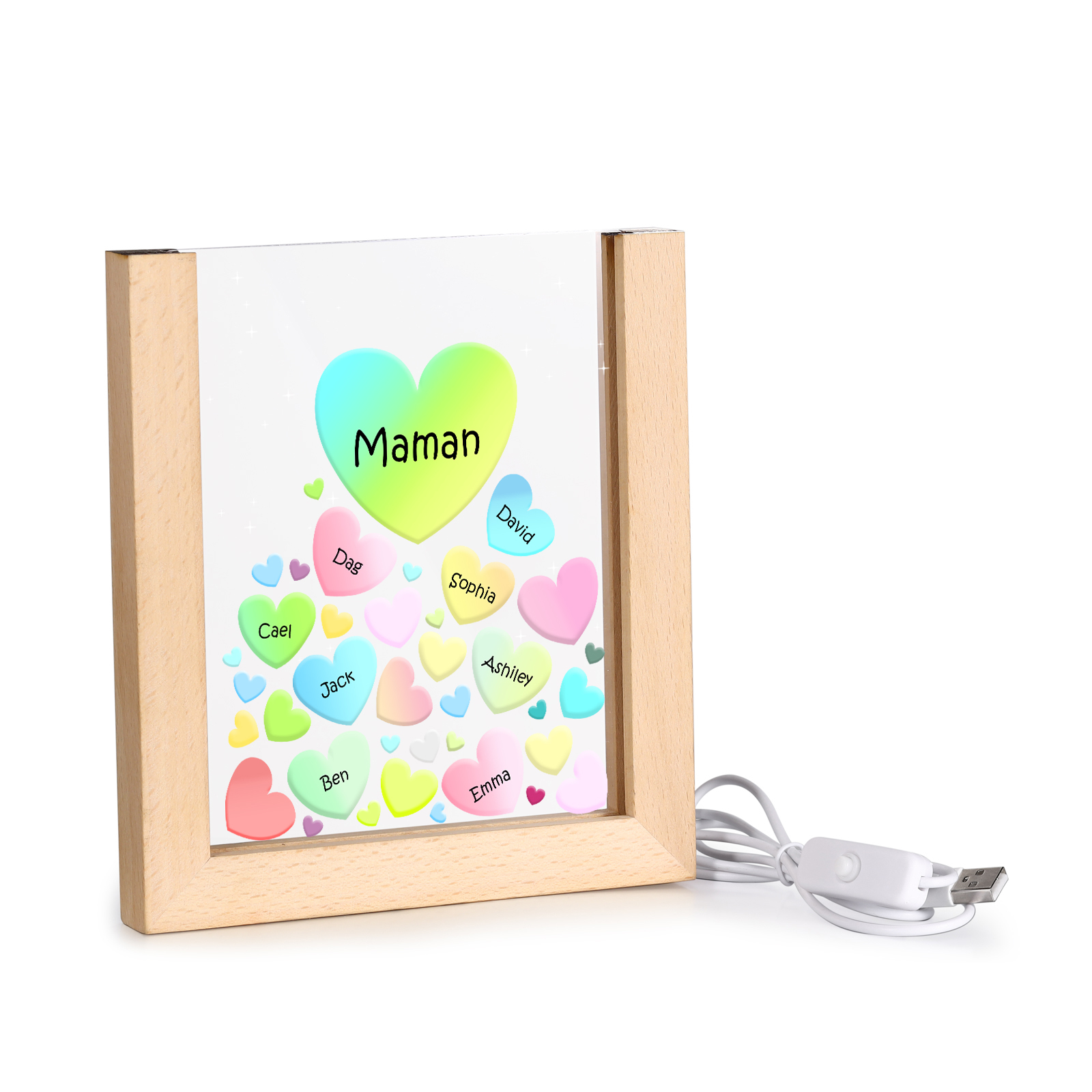 À Maman/Mamie - Lampe de chevet LED Cœurs 8 Prénoms Personnalisés avec 1 Texte
