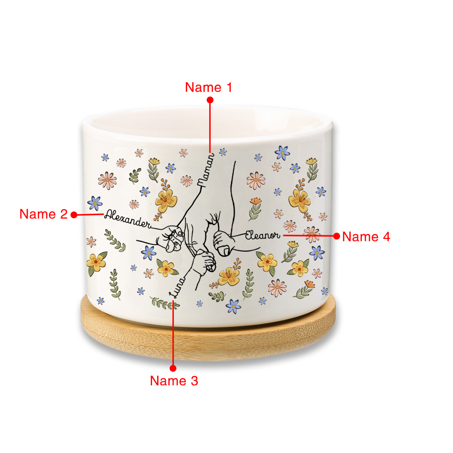 Vase/Pot de Fleurs la main dans la main 4 Prénoms Personnalisés Décoration de la Maison (sans plantes)