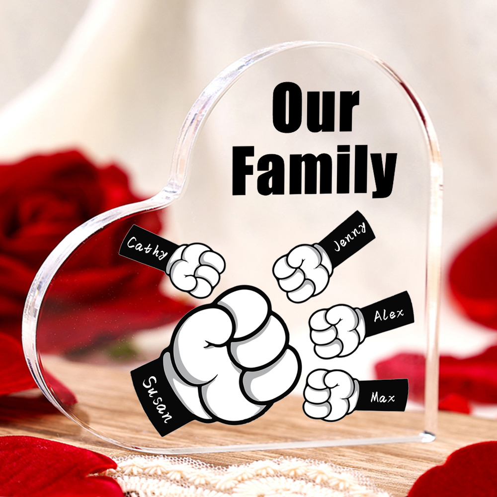 À mon Papa/Maman - Plaque Acrylique en Forme de Cœur Poings 5 Prénoms Personnalisés avec 1 Texte