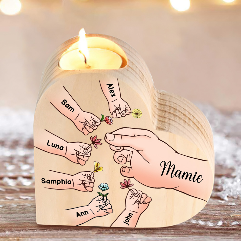 À Ma Maman/Mamie - Bougeoir en Bois Mains et Enfants 7 Prénoms Personnalisés pour Famille sans bougie