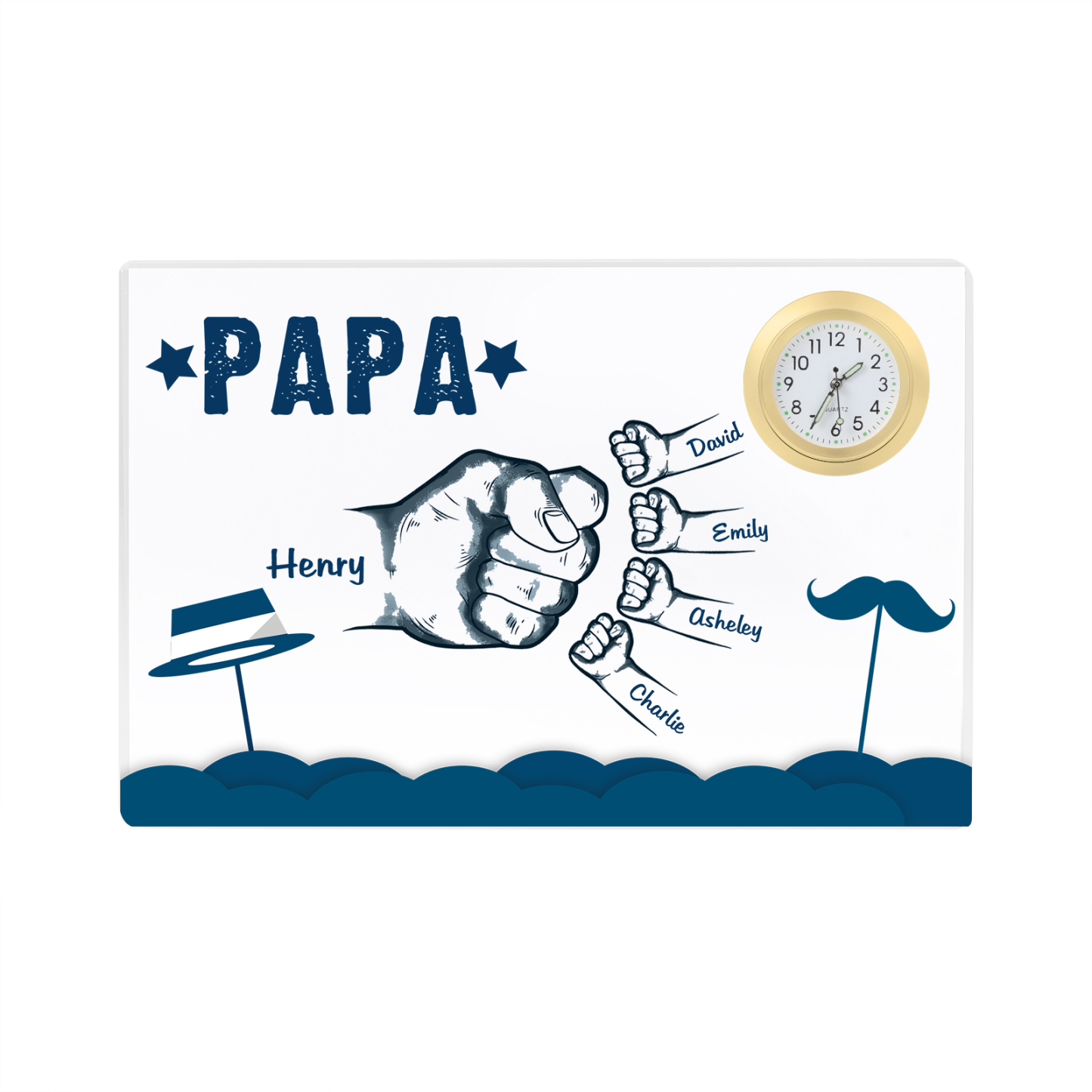 À Papa/Papi - Plaque Acrylique Poings Rectangle avec Horloge 5 Prénoms et 1 Texte Personnalisés