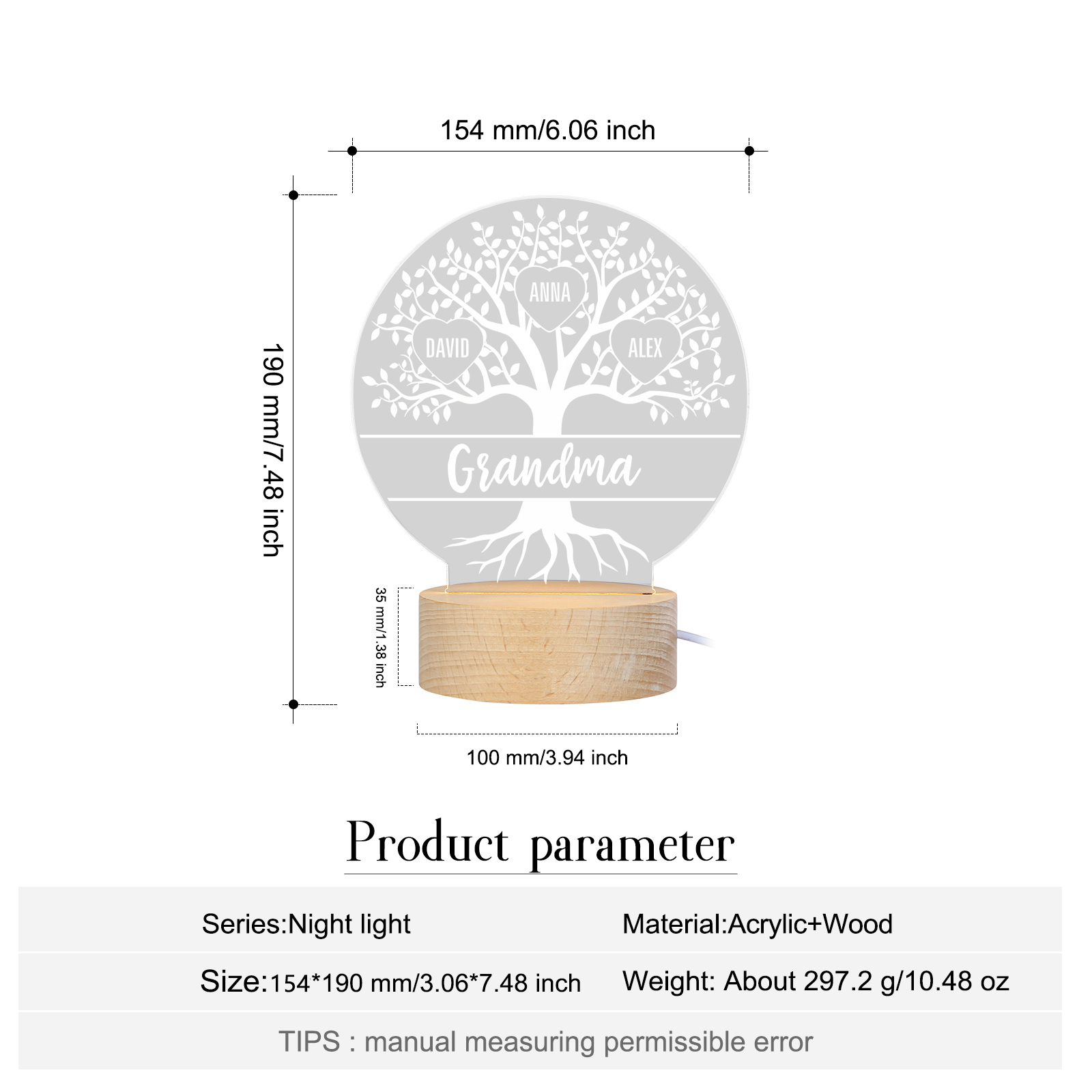 À ma Mamie/Maman - Lampe de chevet Arbre de vie LED Lumières 4 Prénoms Personnalisés pour Famille