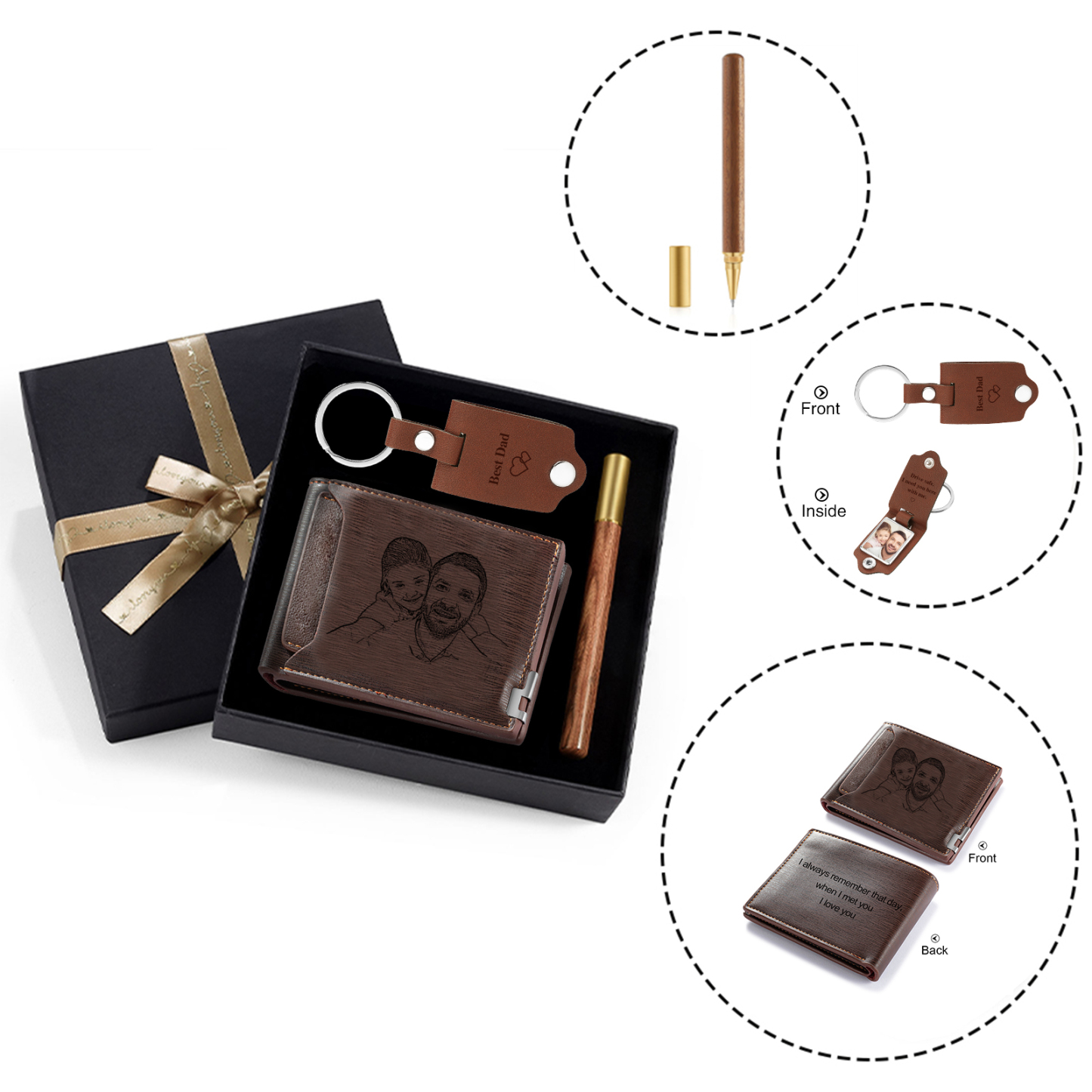 Coffret Cadeau 3PCS - Portefeuille classique Porte-Clés et Stylo 3 Textes Personnalisés avec 2 Photos Coffret Cadeau pour Homme