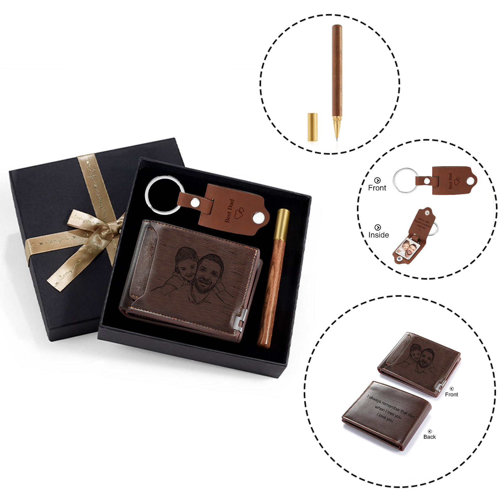 Coffret Cadeau 3PCS - Portefeuille classique Porte-Clés et Stylo 3 Textes Personnalisés avec 2 Photos Coffret Cadeau pour Homme