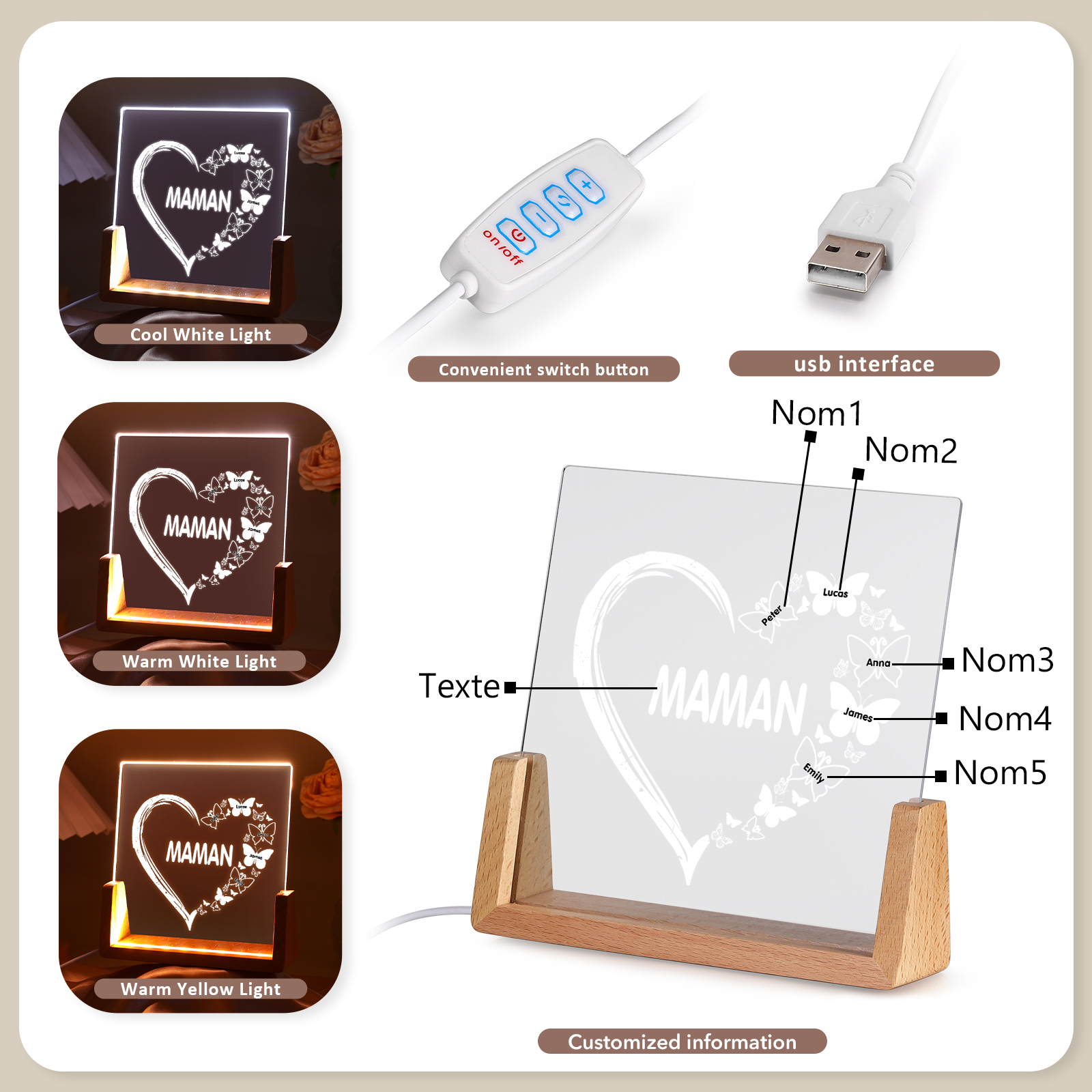 À Maman/Mamie - Lampe de chevet LED Cœur et Papillon 5 Prénoms Personnalisés avec Texte pour Famille