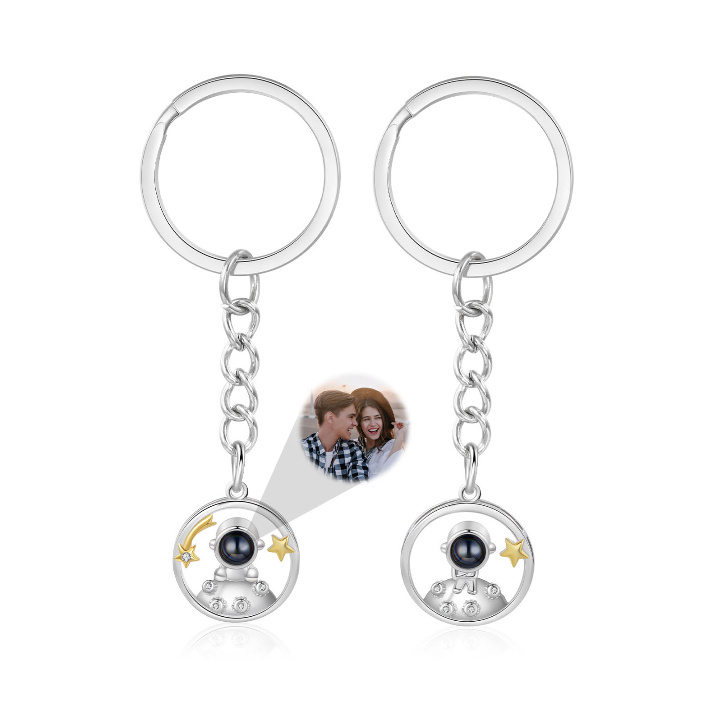 Porte-Clés Projection de Pierres 1 Photo Personnalisée Porte-Clés Astronaute pour Couple