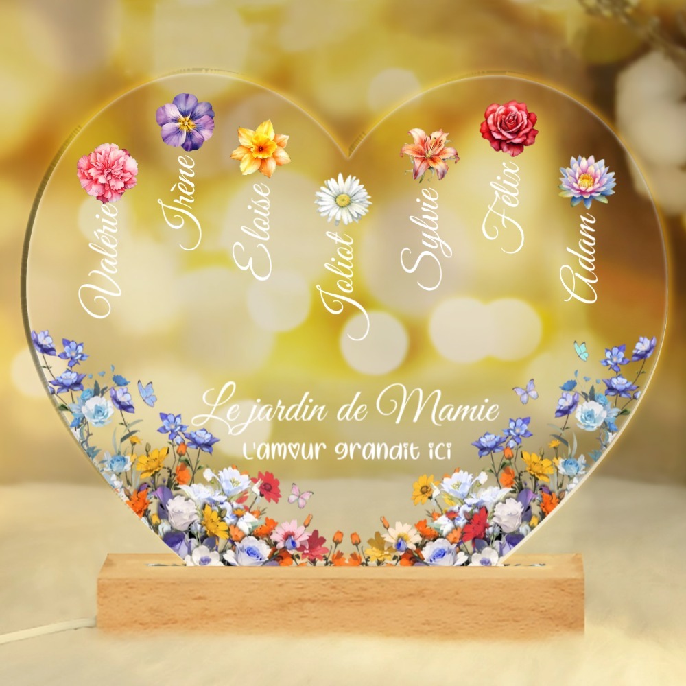À Mamie - Lampe LED Personnalisés avec 1-8 Prénoms et Fleurs Le Jardin de Mamie Veilleuse Personnalisée pour Mamie | Jessemade