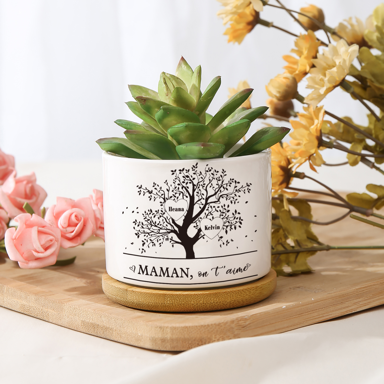 Vase/Pot de Fleurs Arbre de vie 2 Prénoms Personnalisés avec Texte Décoration de la Maison (sans plantes)