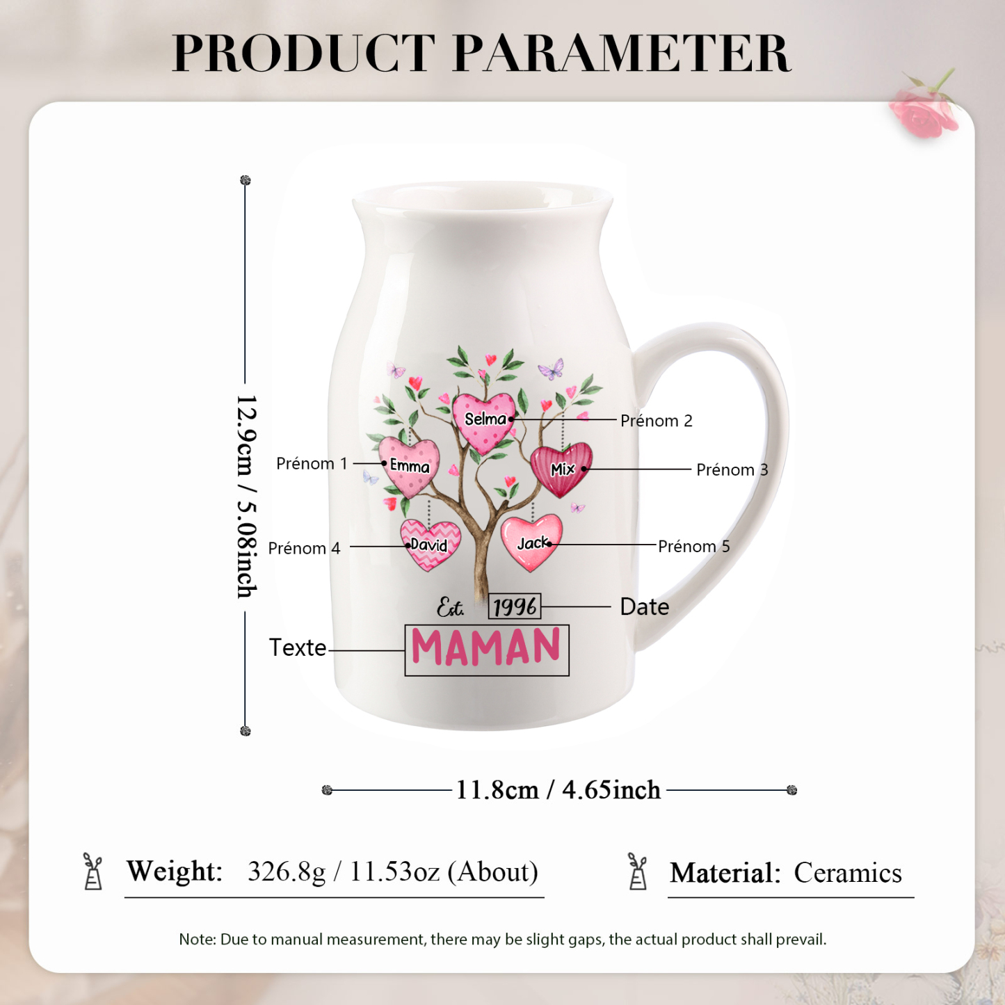 Vase à Fleurs Arbre 5 Prénoms Personnalisés avec Texte et Année Décoration de la Maison