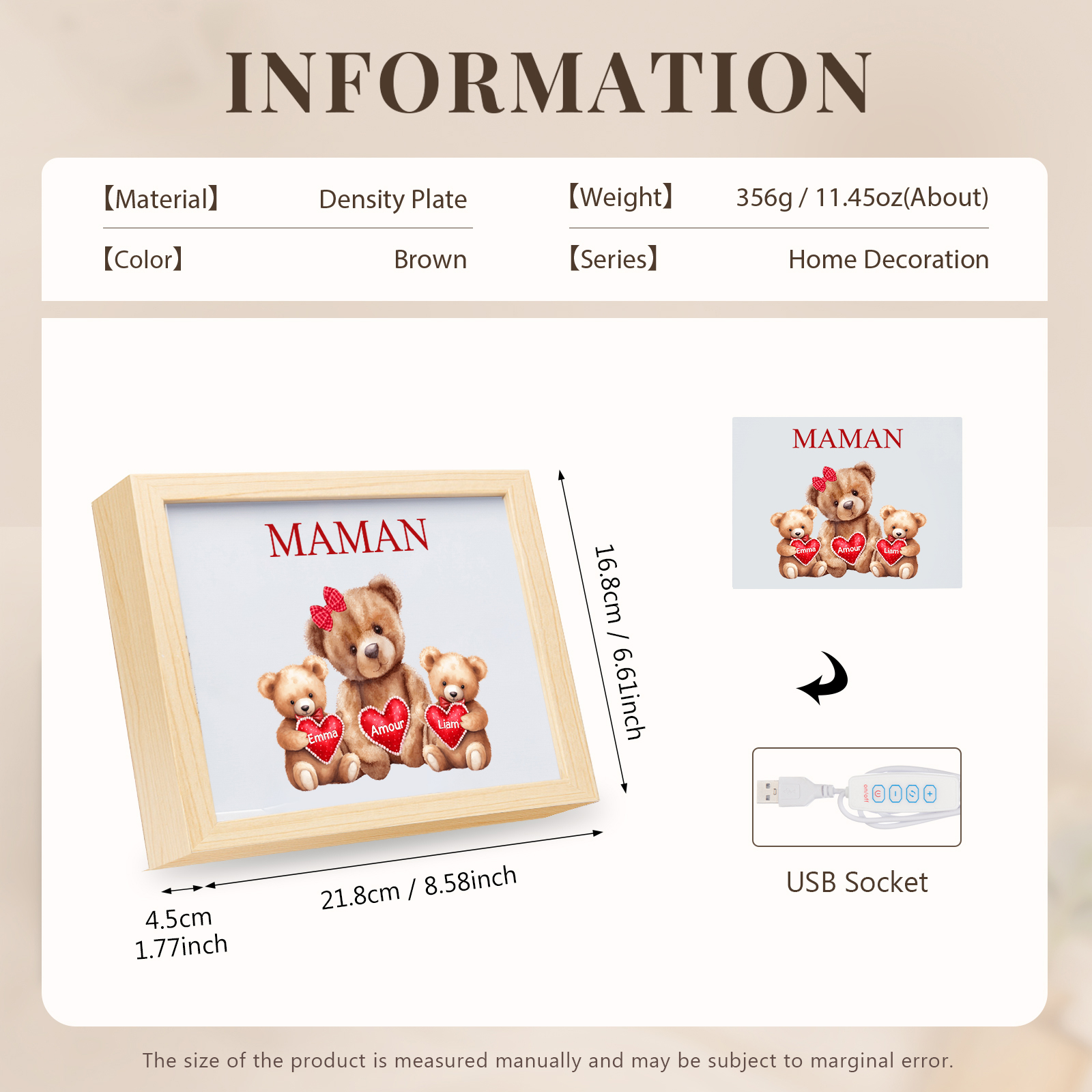 Cadre Photo LED Ours 2 Prénoms Personnalisés avec 1 Texte Décoration Famille