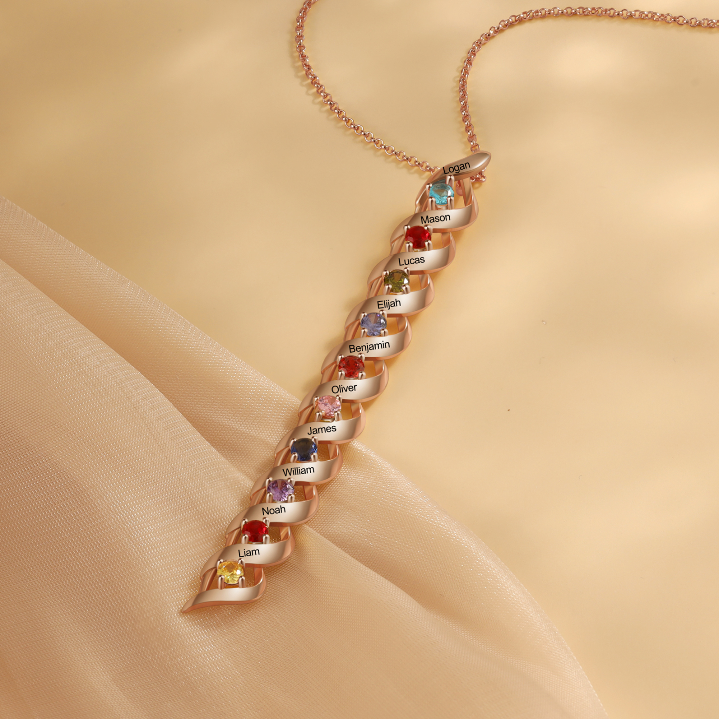 Collier Femme 10 Prénoms Personnalisés avec 10 Pierres de naissance