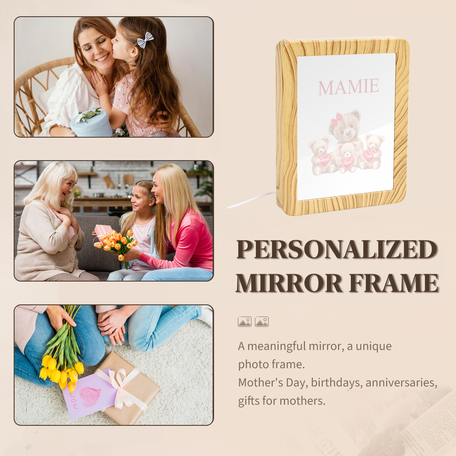 Cadre Photo/Miroir LED Multifonctionnel Ours 3 Prénoms Personnalisés avec Texte pour Famille