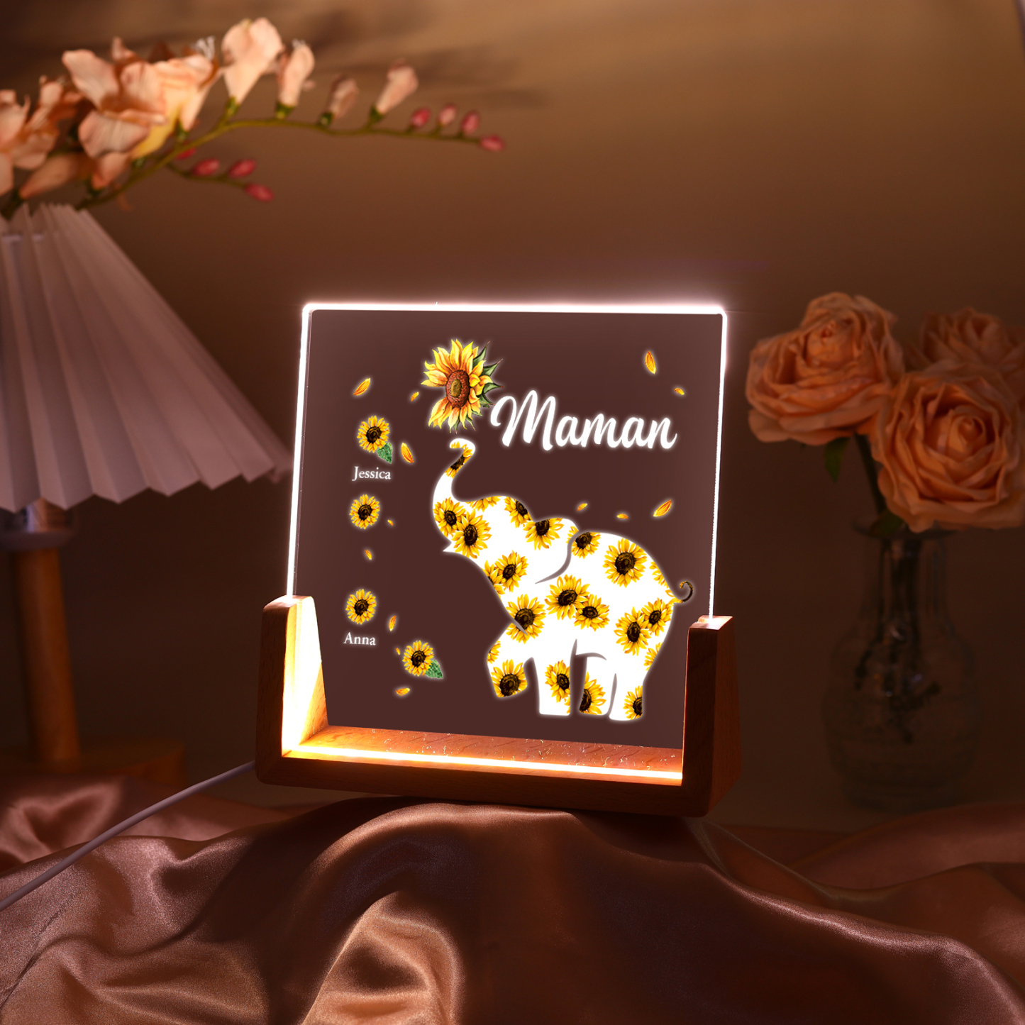 À Maman/Mamie - Lampe de chevet LED Éléphants 2 Prénoms Personnalisés avec Texte