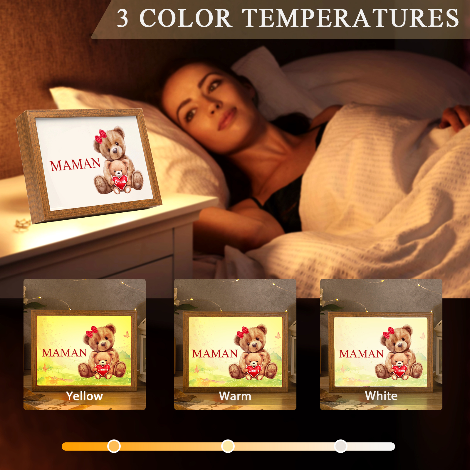 Cadre Photo LED Ours 1 Prénom Personnalisé avec 1 Texte Décoration Famille