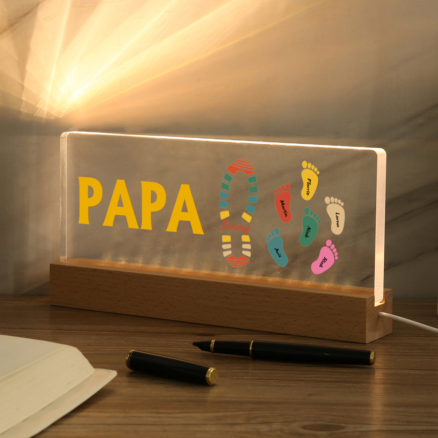 À mon Papa/Papi- Lampe de chevet LED Pieds Bébé 7 Prénoms Personnalisés avec Texte